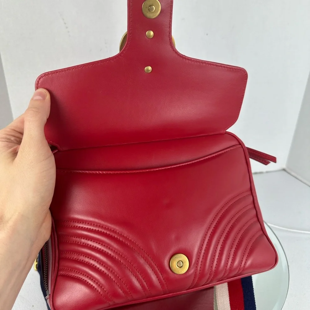 Gucci Red Quilted GG Marmont Crossbody Bag,  Leather And Guitar Straps